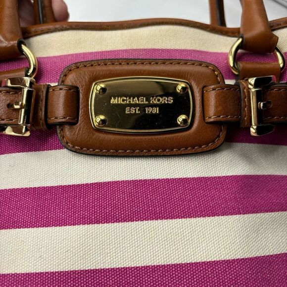 Michael Kors Hamilton Pink Stripe Brown Leather Shoulder Crossbody Tote Bag - Picture 14 of 14